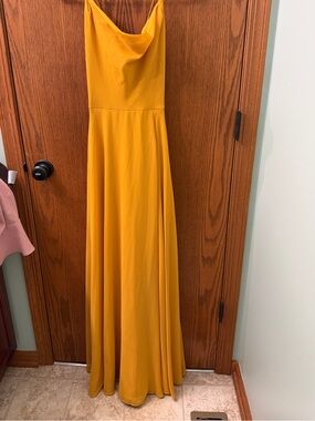 Lulu's Mustard Yellow Cowl-Neck Spaghetti Strap Maxi Dress